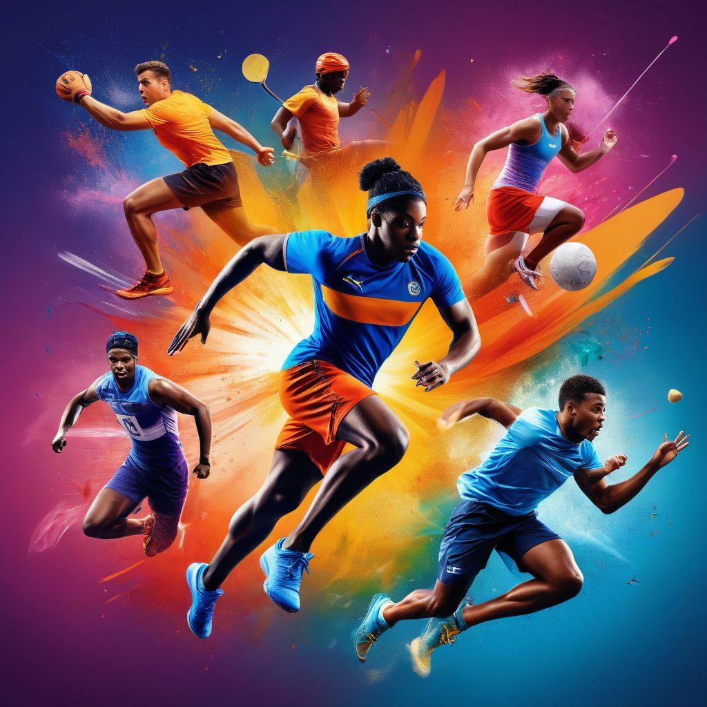 A dynamic collage showcasing athletes in action across various sports, infused with vibrant energy and passion, with visual representations of trending sports insights like statistics and charts swirling around them. The background features a gradient of lively colors to symbolize excitement and movement. super-realistic. vibrant colors. high-energy composition.