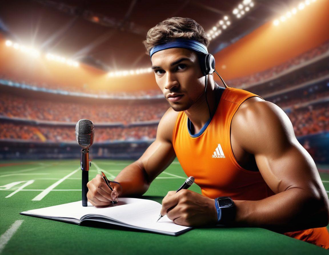A dynamic sports scene showcasing an exclusive interview setup featuring a charismatic athlete, with a microphone and a bustling sports backdrop. Incorporate action shots of various sports in the background, illustrating excitement and competition. Highlight elements like a notepad and cameras to represent in-depth analysis. The overall vibe should exude energy and professionalism. vibrant colors. super-realistic.