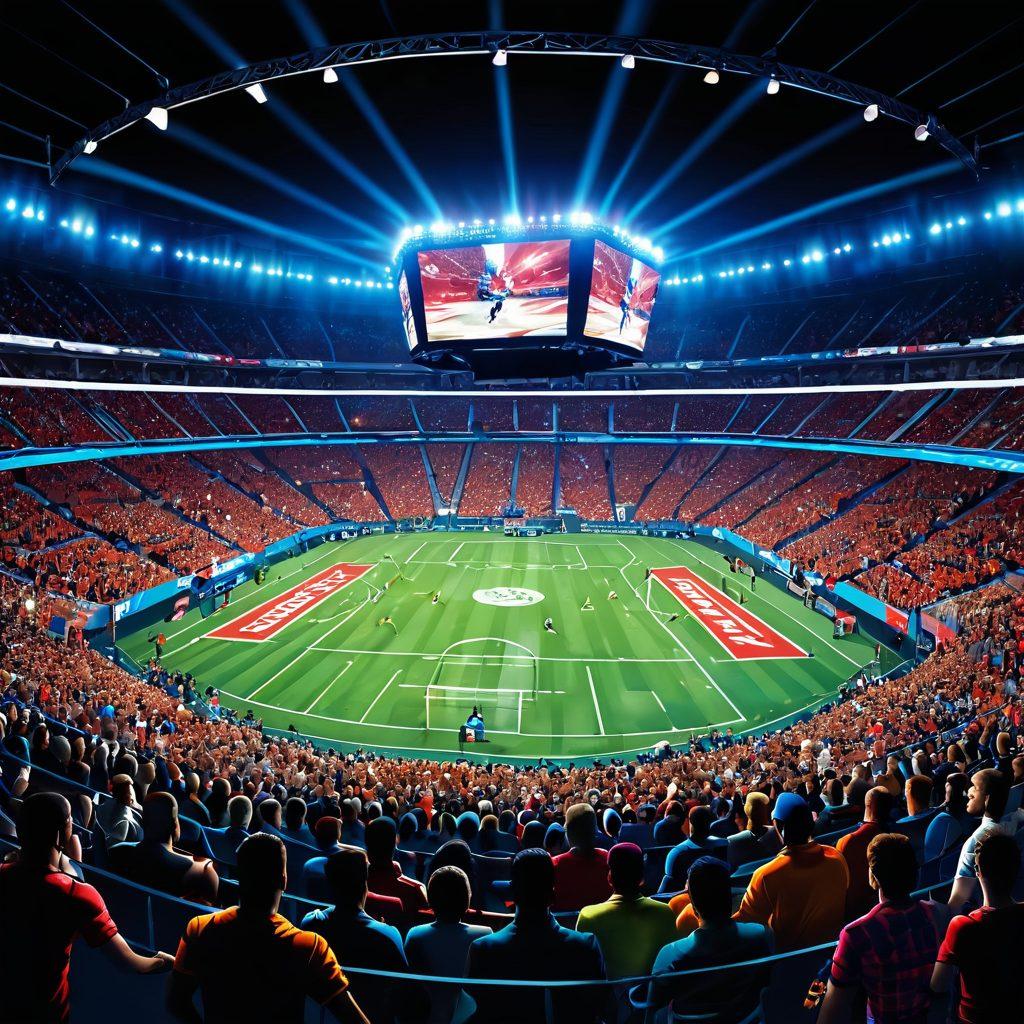 A dynamic sports scene capturing a thrilling live athletic event, with diverse athletes in action, surrounded by an excited crowd and large screens broadcasting live commentary. Include vibrant banners and logos for various sports, symbolizing comprehensive coverage. Bright lighting and dramatic angles enhance the intensity of the moment. vector art. vivid colors. energetic atmosphere.